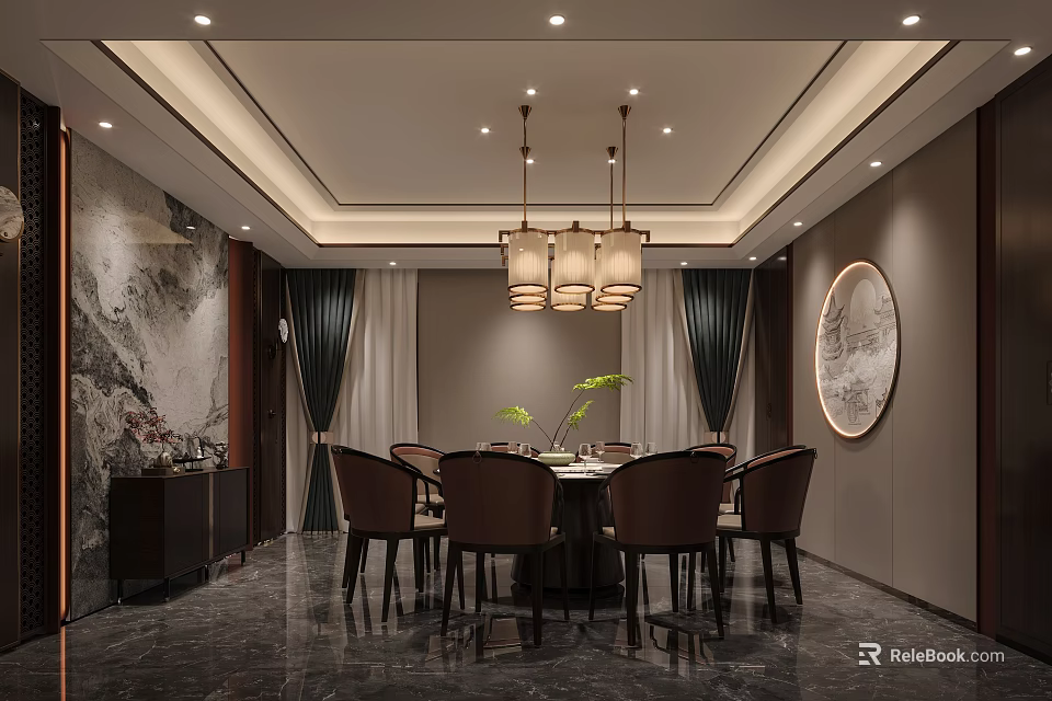 Elegant Private Dining Box Interior With Chinese Style Chandeliers Dining Table And Chairs 3d model