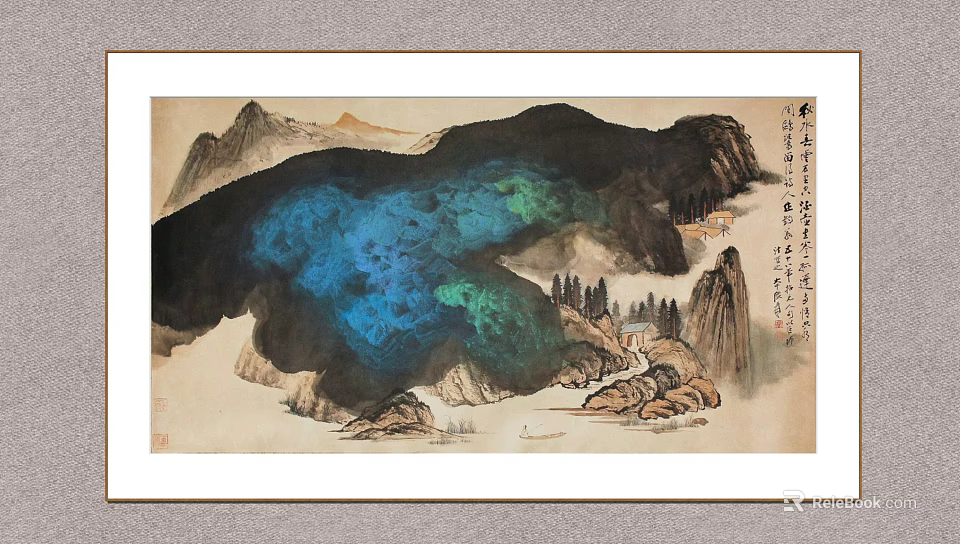 Traditional Chinese Ink Landscape Painting With Mountainous Terrain Blue Green Color Areas And Oriental Calligraphy 3d model 