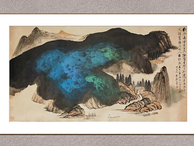 Traditional Chinese Ink Landscape Painting With Mountainous Terrain Blue Green Color Areas And Oriental Calligraphy 3d model