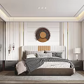 Modern Elegant Bedroom Interior With Circular Wall Decor Upholstered Headboard And Wooden Wardrobe