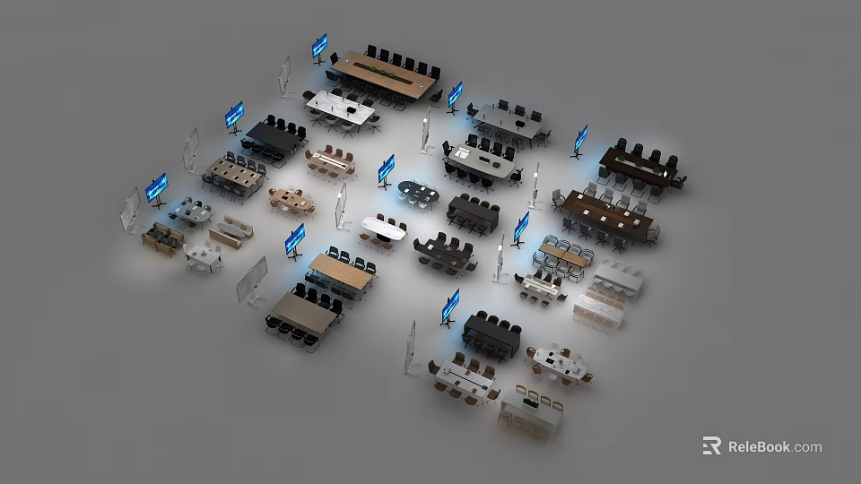 Various Styles of Exhibition Tables and Chairs with Display Screens for Trade Shows 3d model 