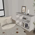 Cozy Beige Striped Lounge Chair with White Circular Cutout Cabinet and Woven Rug