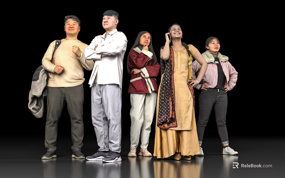 Diverse Group of People Standing with Different Poses and Varied Clothing Styles 3d model 