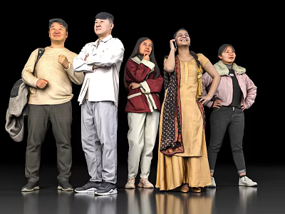 Diverse Group of People Standing with Different Poses and Varied Clothing Styles 3d model