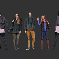 Group of Five People Wearing Winter Coats Scarves and Carrying Fashion Bags in Casual Outfits