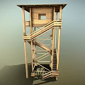 Wooden Tower Structure With Small Cabin Platform Stairs And Wooden Frame Roof