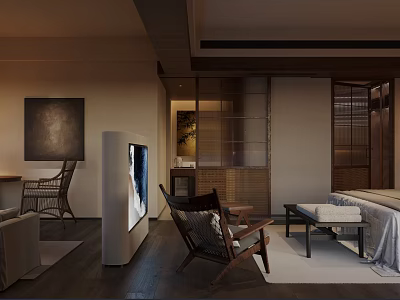 Modern Comfortable Hotel Guest Room Interior With Cozy Bed Flat Screen TV And Decorative Painting 3d model