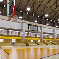 Spacious Basketball Gym Interior With Wooden Floor Inscription Yellow Bleachers And Ceiling Lighting