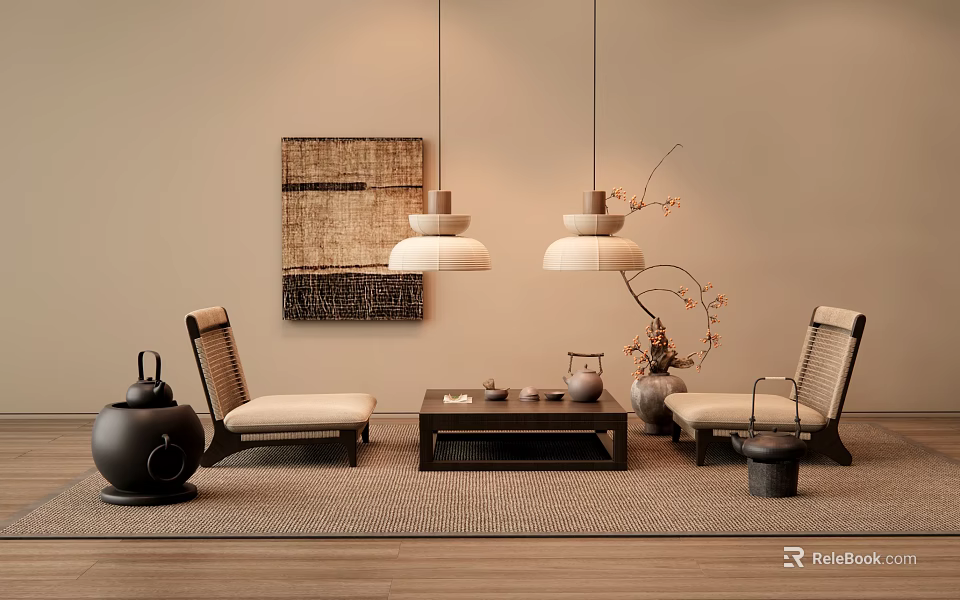 Tea Table and Chairs with Hanging Pendant Lights Woven Wall Art Tea Sets and Rug 3d model 