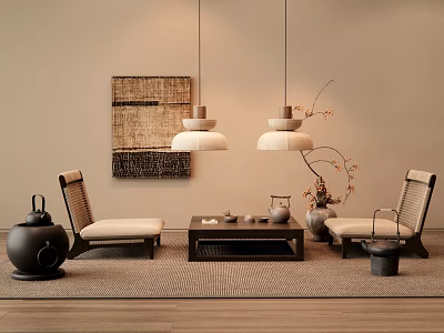Tea Table and Chairs with Hanging Pendant Lights Woven Wall Art Tea Sets and Rug 3d model