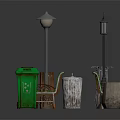 Outdoor Public Space Components With Various Street Lamps Wooden Benches Green Trash Cans And Signs