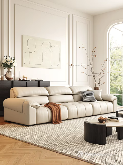 Beige Leather Sofa With Pillows Throw Blanket And Modern Coffee Table In Bright Living Room 3d model 