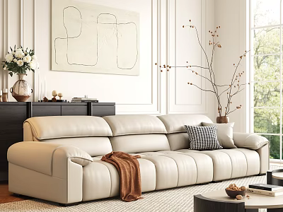 Beige Leather Sofa With Pillows Throw Blanket And Modern Coffee Table In Bright Living Room 3d model
