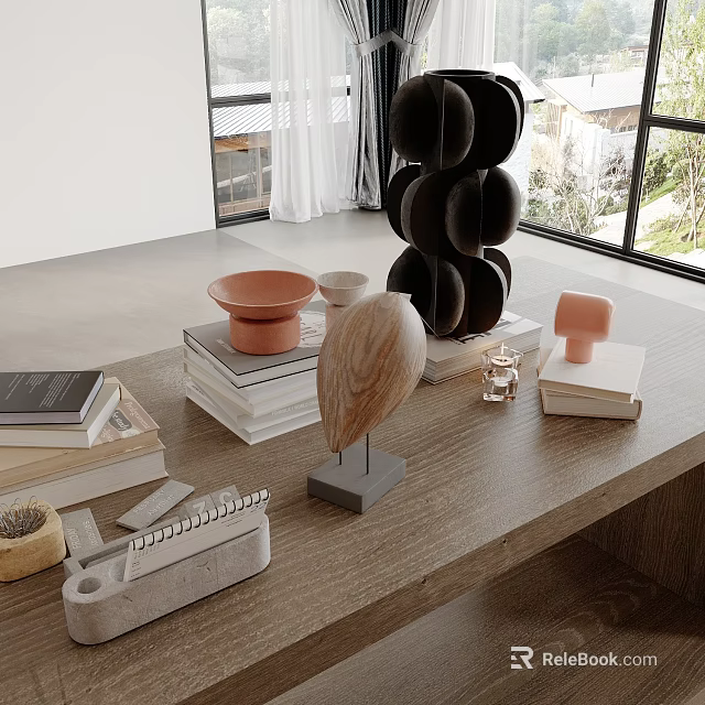 Decorative Inflatable Model Display On Desk With Stacked Books Wooden Art And Plants 3d model 