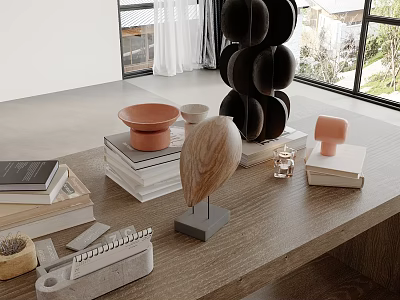 Decorative Inflatable Model Display On Desk With Stacked Books Wooden Art And Plants 3d model