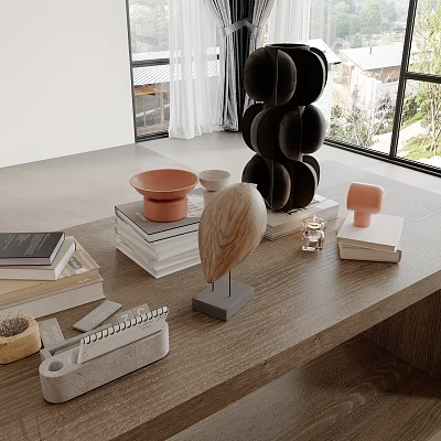 Decorative Inflatable Model Display On Desk With Stacked Books Wooden Art And Plants 3d model