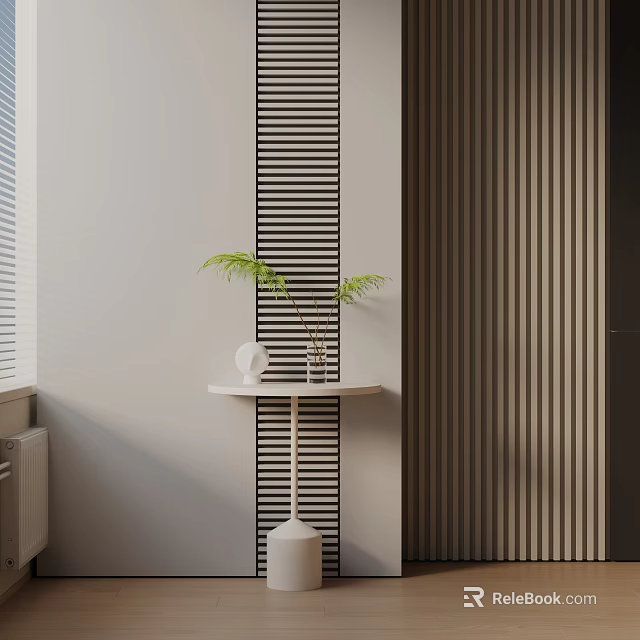 Minimalist Modern Side Table With Small Green Fern Plant And Vertical Striped Wall Design 3d model 