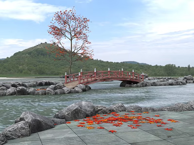 Garden Landscape Bridge Lake Water 3d model