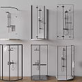Various Modern Shower Heads In Glass Enclosures With Black Frames And Metal Fixtures