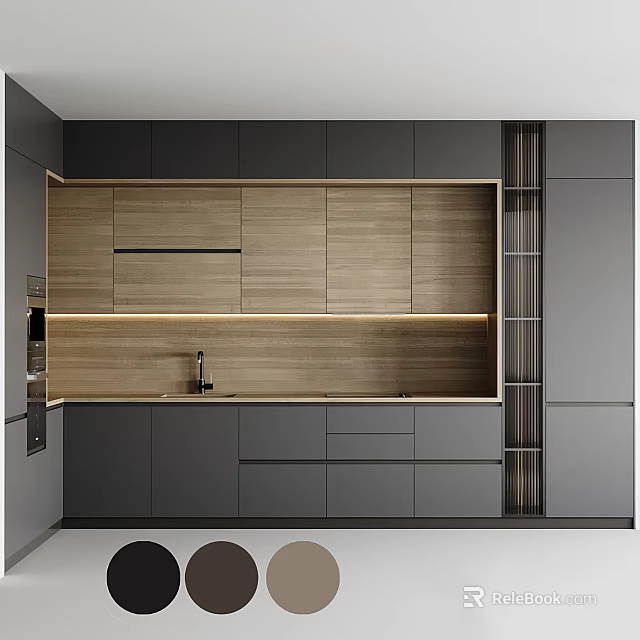 Modern Kitchen With Gray And Wooden Upper Lower Cabinets And Countertop Lighting Design 3d model 