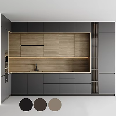 Modern Kitchen With Gray And Wooden Upper Lower Cabinets And Countertop Lighting Design 3d model