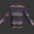 Long Sleeved Round Neck Sweater With Checkerboard And Striped Blue Brown Beige Pattern