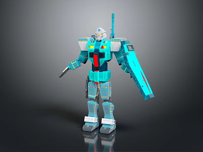 Blue And Gray Robot Character In 3D Model With Mechanical Armor And Arm Weapon 3d model