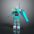 Blue And Gray Robot Character In 3D Model With Mechanical Armor And Arm Weapon
