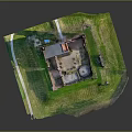 Cartoon Scenic Red Brick Castle Ruins With Towers On Green Grass Aerial View
