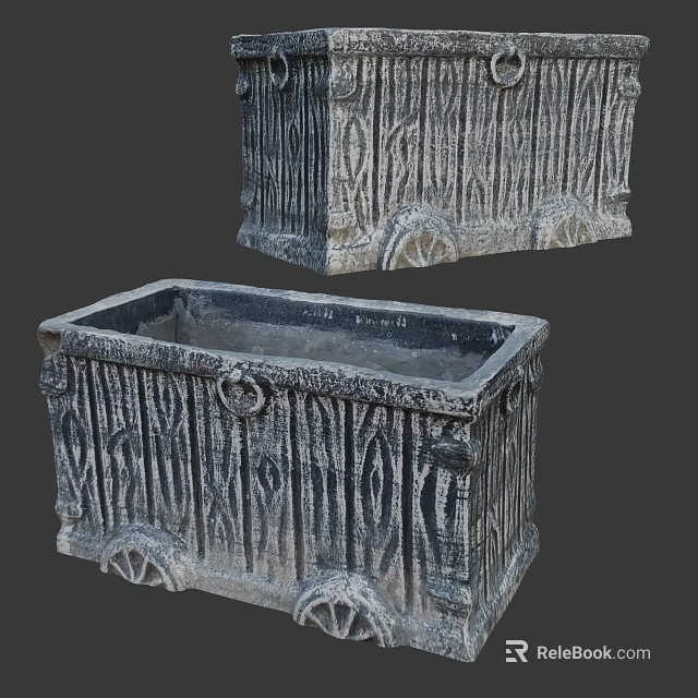 Carved Stone Square Bonsai Pot With Wheel Decorations And Intricate Patterns 3d model 