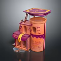 Cartoon Style Building Model With Purple Awning Cylindrical Tower Ladder And Decorative Patterns
