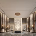 Luxurious Hotel Lobby Featuring Marble Walls Warm Lighting Circular Chandelier And Central Water Feature