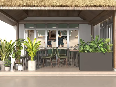 Restaurant With Thatched Roof Open Facade Indoor Tables And Chairs Surrounded By Green Plants 3d model