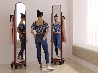 Full Length Mirror On Wheels With Woman Checking Hanging Clothes In Room 3d model