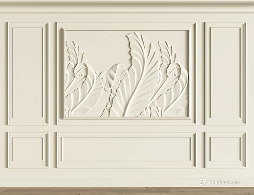 Classic Plaster Molding Wall Design Featuring Intricate Carved Leaf Patterns And Frames 3d model