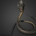 Fantasy Giant Horned Scaled Serpent With Coiled Body Open Mouth Sharp Fangs Back Spikes