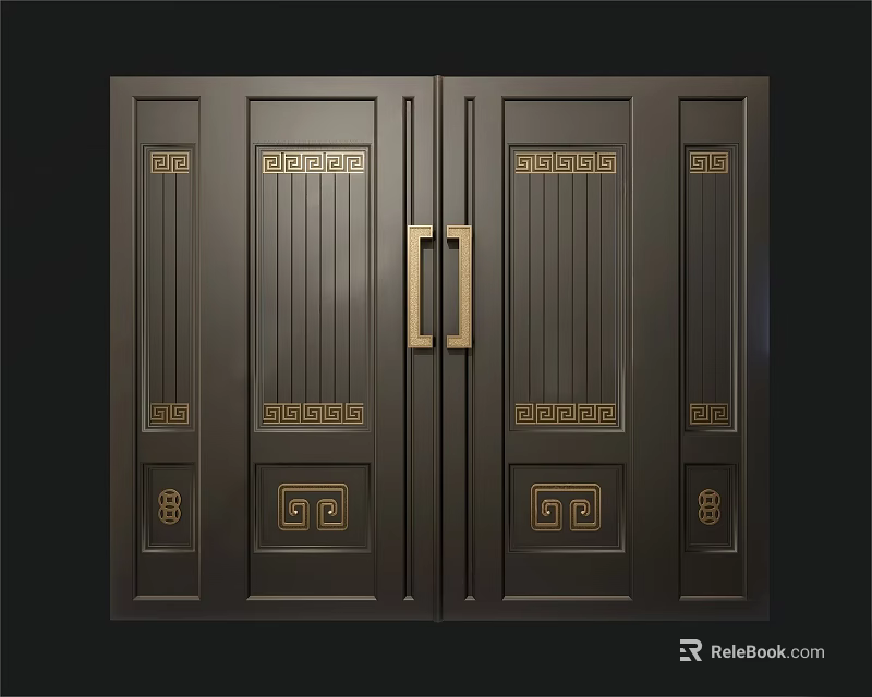 Double Dark Colored Hinged Doors With Golden Decorations And Symmetrical Patterns 3d model