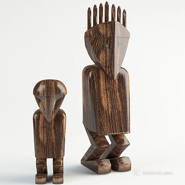 Wooden Decorative Figurine Set With Two Abstract Carved Figures And Natural Wood Grain 3d model 