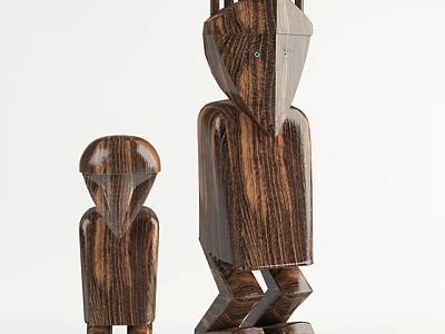 Wooden Decorative Figurine Set With Two Abstract Carved Figures And Natural Wood Grain 3d model