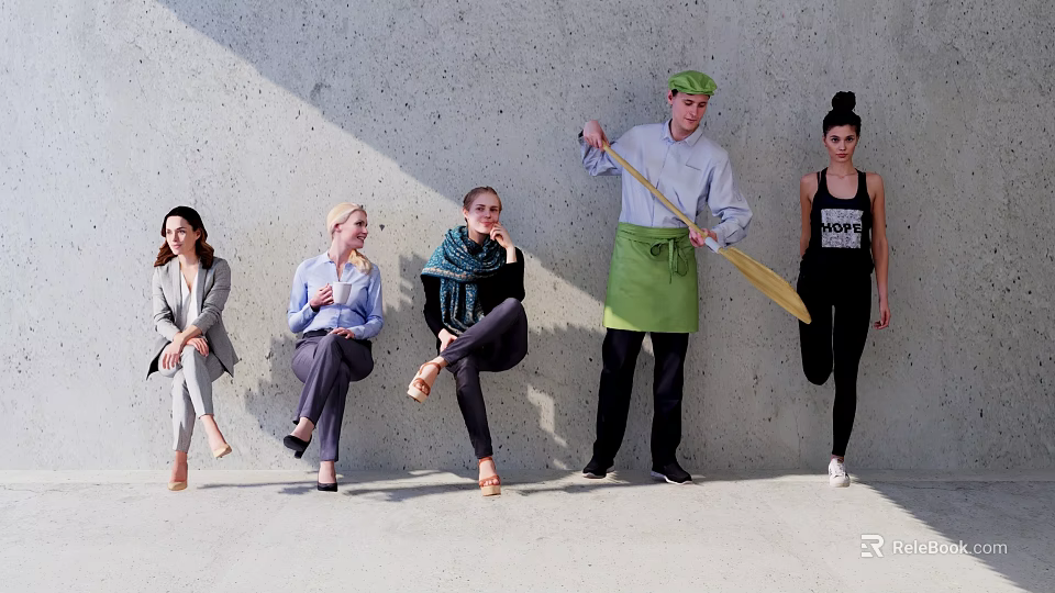 Group Of People Standing And Sitting Against Concrete Wall With Chef In Green Apron 3d model 