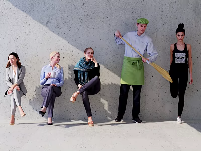 Group Of People Standing And Sitting Against Concrete Wall With Chef In Green Apron 3d model
