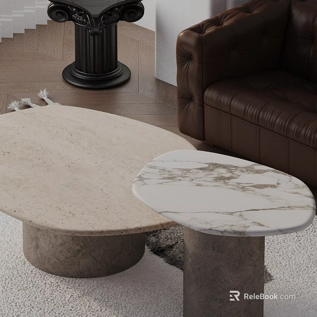 Brown Leather Sofa With Two Round Marble Coffee Tables In Modern Living Room Setup 3d model 