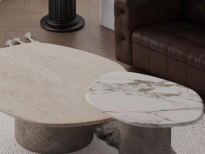 Brown Leather Sofa With Two Round Marble Coffee Tables In Modern Living Room Setup 3d model