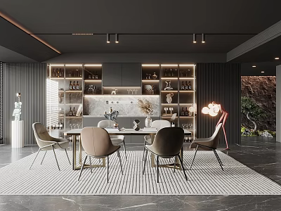 Modern Restaurant Interior With Dining Table Chairs Decorative Shelves And Soft Lighting 3d model