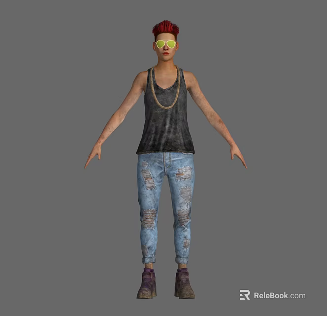 Game Movie Character In Black Tank Top Distressed Jeans Green Sunglasses Gold Chain Purple Shoes 3d model 