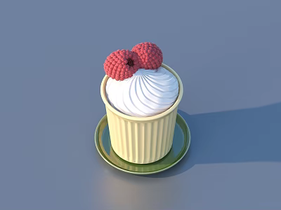 Cupcake Topped With White Cream And Two Raspberries In Yellow Paper Cup On Green Plate 3d model