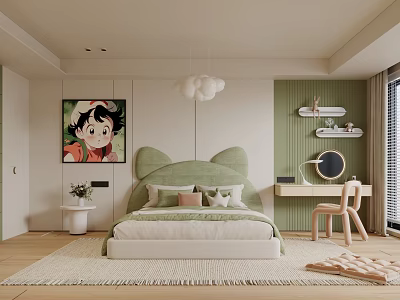 Kids Room With Cat Ear Bed Green Wall Anime Poster Cloud Light Desk Chair 3d model