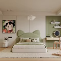 Kids Room With Cat Ear Bed Green Wall Anime Poster Cloud Light Desk Chair