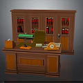 Wooden Office Desk With Green Lamp Bookcase Glass Doors Red Books And Clock