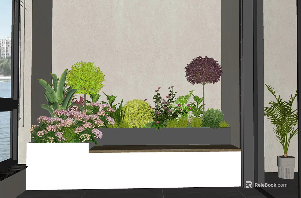 Bonsai Potted Plants With Various Green Purple Flowers In White Rectangular Planter Against Gray Wall 3d model 